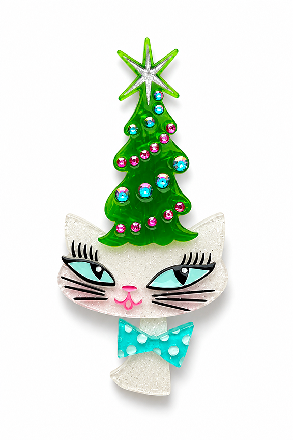 Christmas Kitty Brooch by Miss Fluff and Lipstick and Chrome. Holiday Christmas tree hat on a cat.