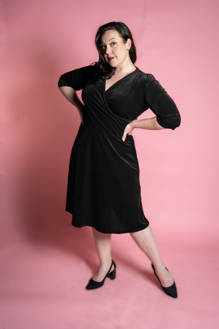 Joanie Knit Dress 3/4 Sleeve - Stretch Velvet, Black