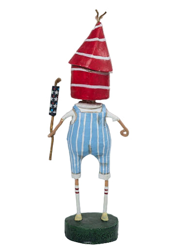 Figurine with a red and white striped hat and blue overalls on a light background