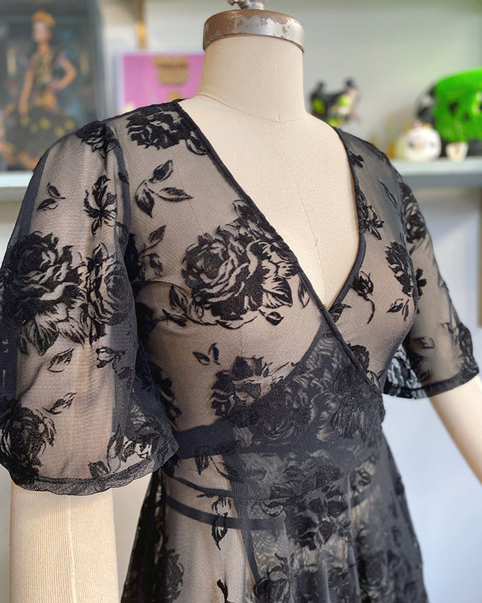 Lydia Wrap Dress in Flocked Rose Black Mesh