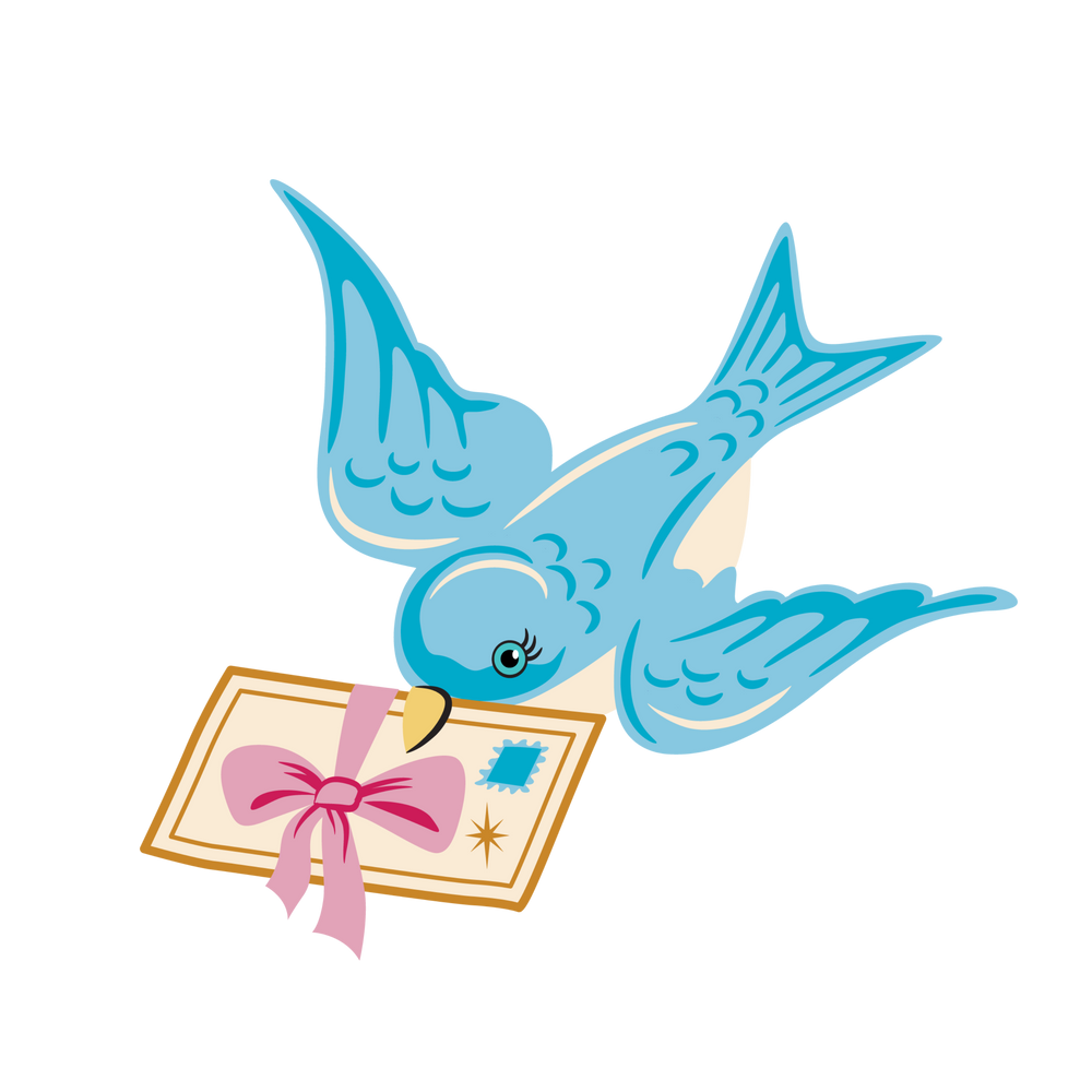 A graphic image of a blue bird with a pink bow holding a piece of paper or a card.