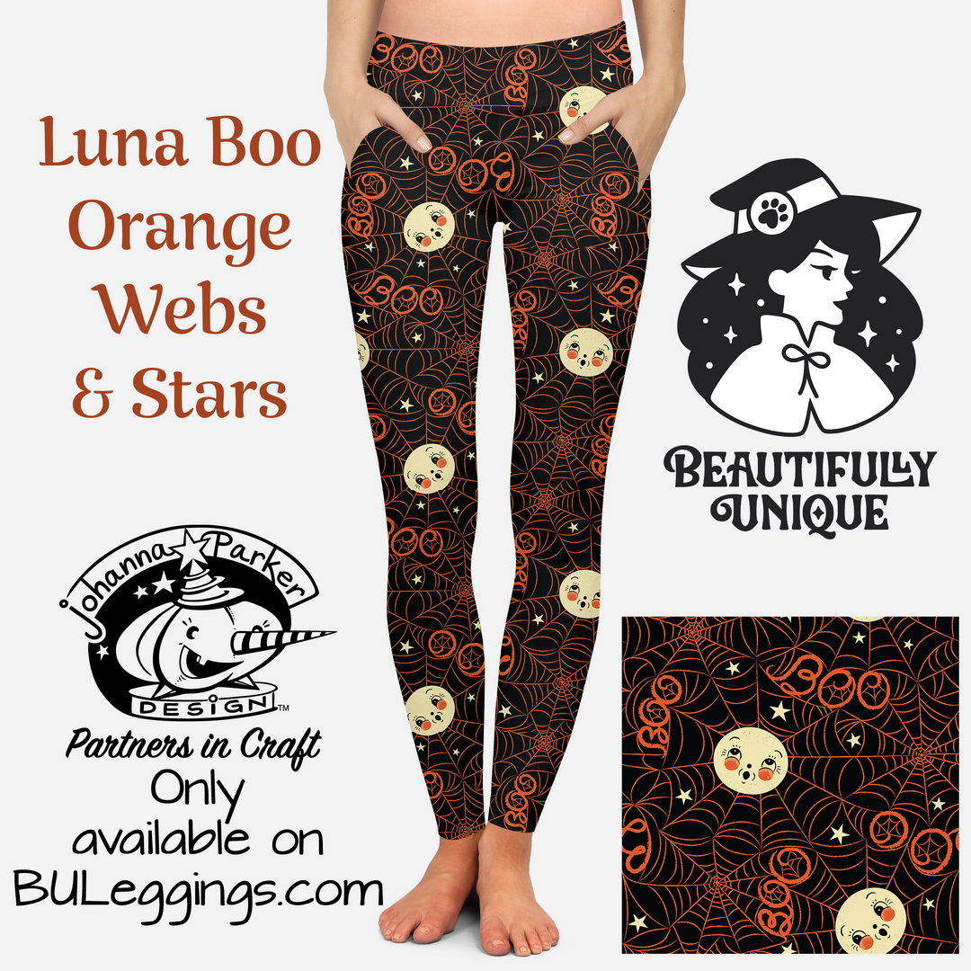 Luna Boo Orange Webs & Stars - Johanna Parker (Exclusive) - Pocket Leggings