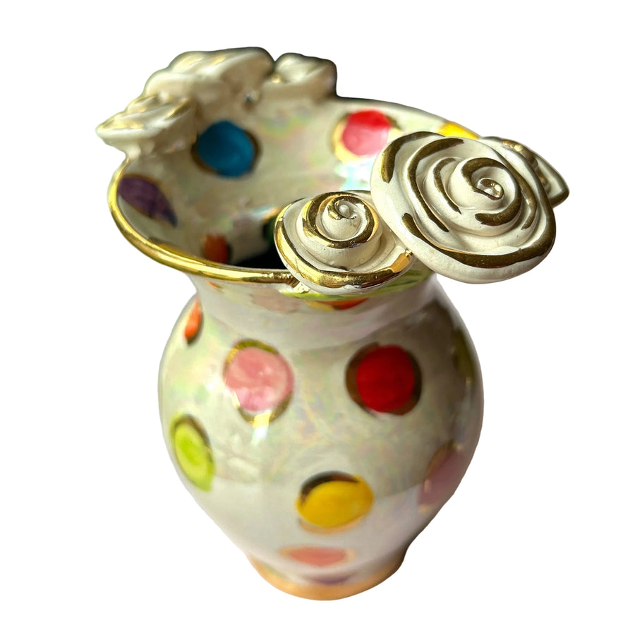 Mary Rose Young polka dot vase with sculpted roses