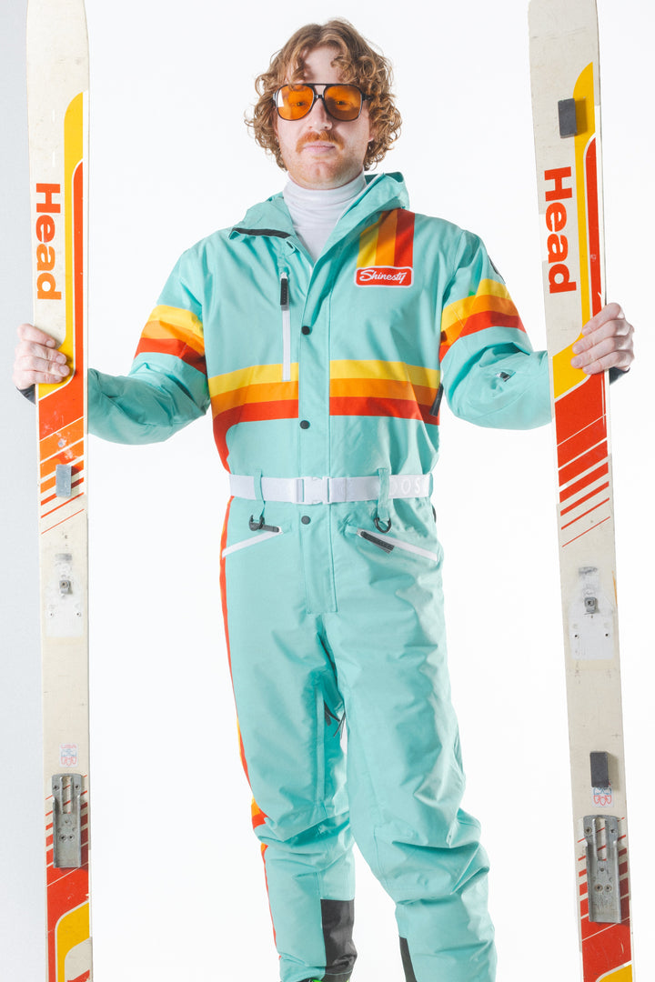The Midday Aprés | Teal and Orange Retro Stripe One Piece Ski Suit