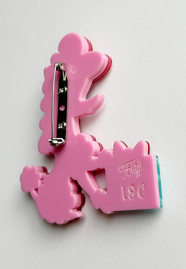 Locking clasp on back of the Mimi Loves Christmas brooch by Miss Fluff and Lipstick and Chrome. Holiday pink poodle pin.