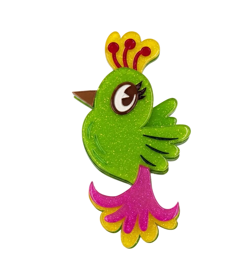 Miss-fluff-tiki-tweety-acrylic-brooch Lipstick and chrome