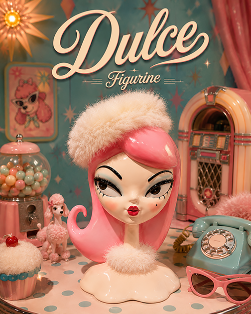 Miss fluff Dulce figurine with pink hair and fur headband in a retro-themed setting