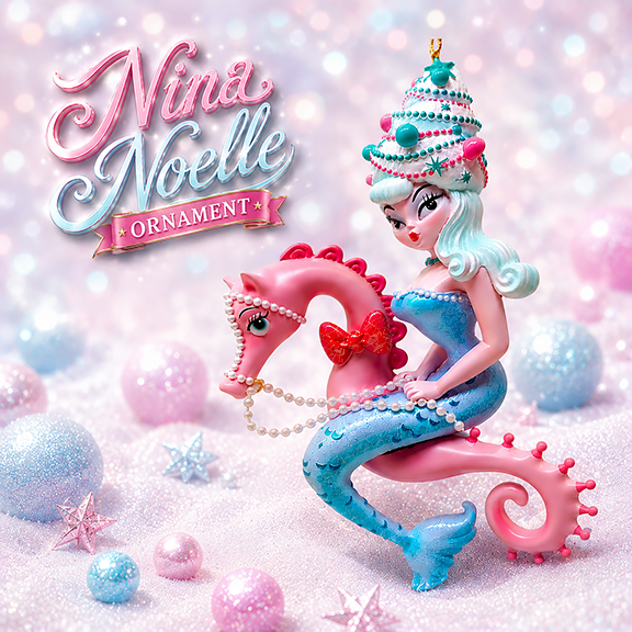 Nina Noelle 6.5" Blue Hair Bouffant Mermaid on Seahorse Ornament | Miss Fluff December Diamonds Christmas 