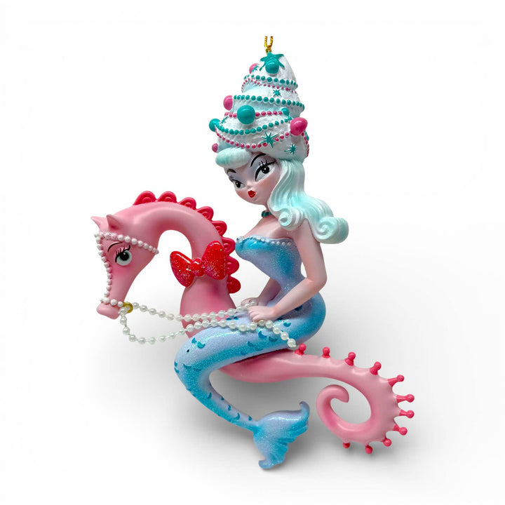 Nina Noelle 6.5 inch Blue Hair Bouffant Mermaid on Seahorse ornament by Miss Fluff for December Diamonds, collectible