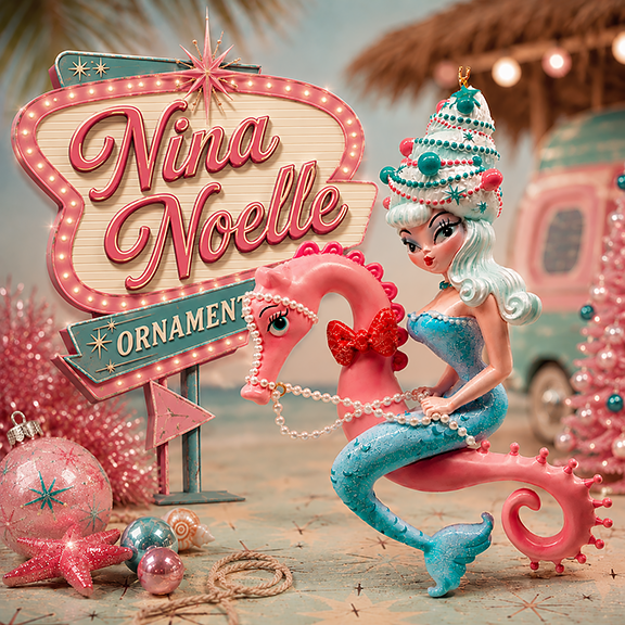 Nina Noelle 6.5" Blue Hair Bouffant Mermaid on Seahorse Ornament Miss Fluff December Diamonds