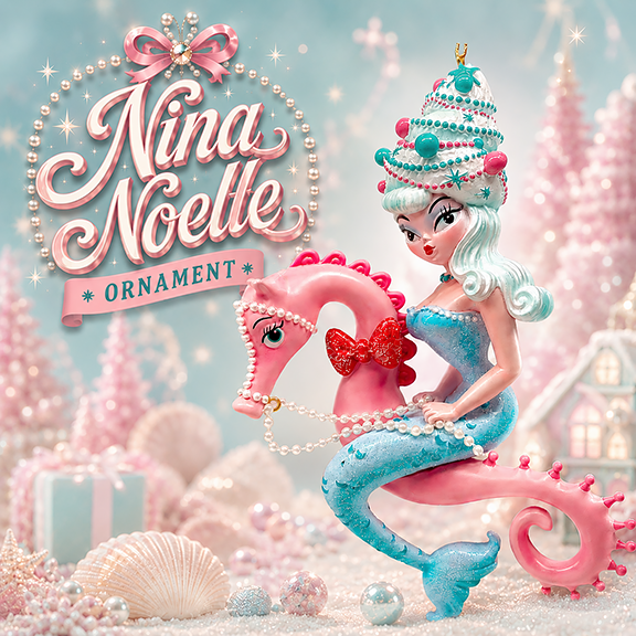 Nina Noelle 6.5" Blue Hair Bouffant Mermaid on Seahorse Ornament | Miss Fluff December Diamonds