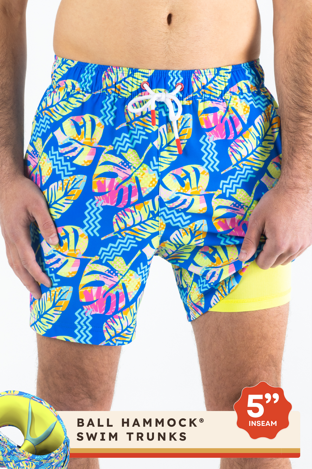 The Oahu Rendezvous | Tropical Leaves Ball Hammock® Pouch 5" Swim Trunks
