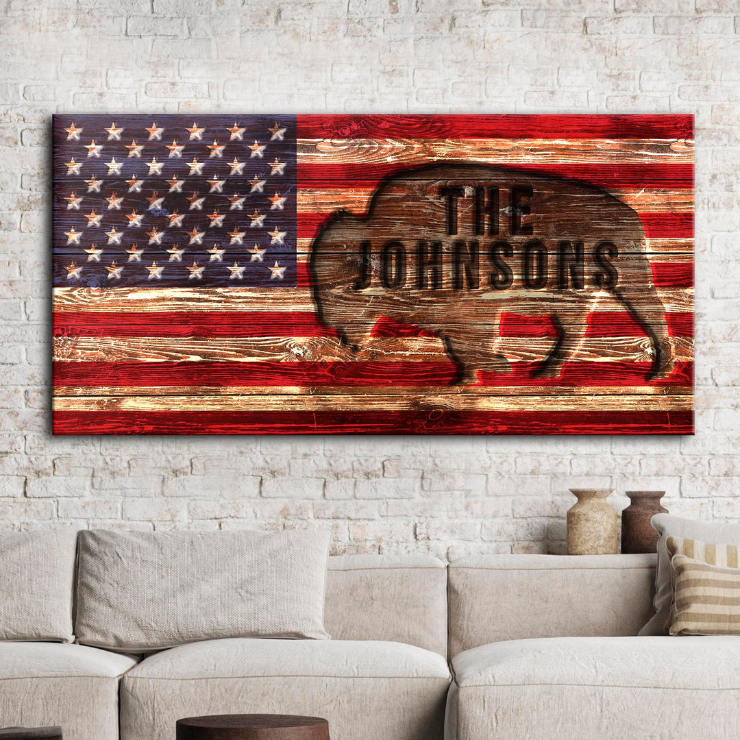 Rustic American Flag Family Name Sign