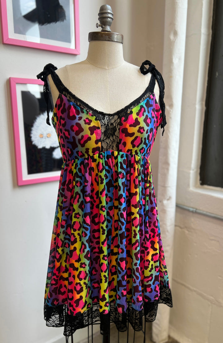 Josie Babydoll Dress in Rainbow Leopard Mesh
