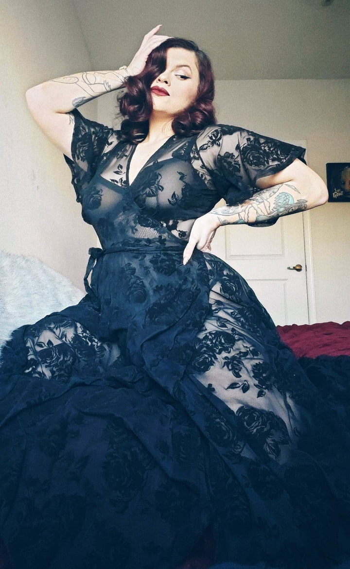 Lydia Wrap Dress in Flocked Rose Black Mesh