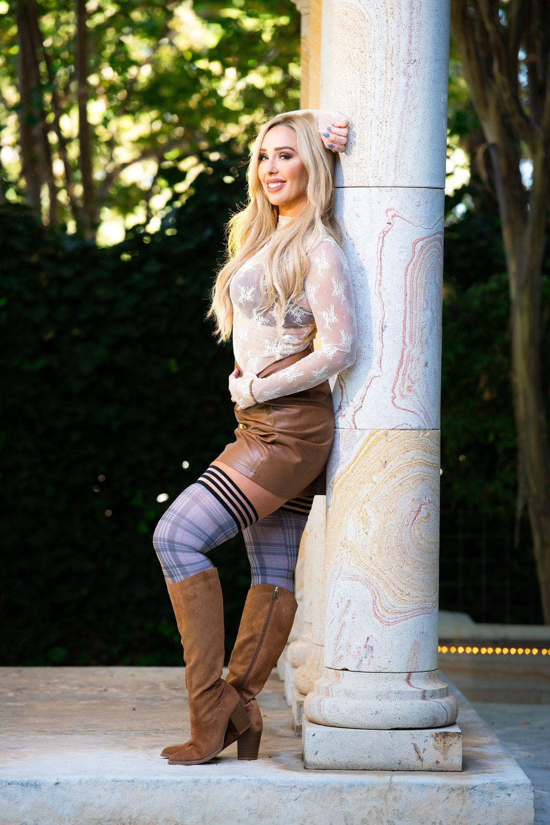 Lori: From Backroads to Boardrooms, Tan/Black Plaid Thigh Highs. Petite to Plus Size