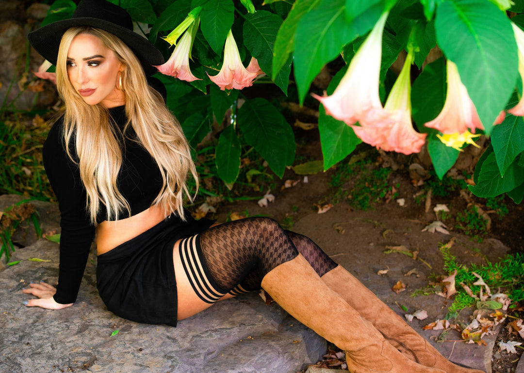 Meaghan: Hounsdtooth Semi-Sheer. Petite to Plus Size Thigh-Highs