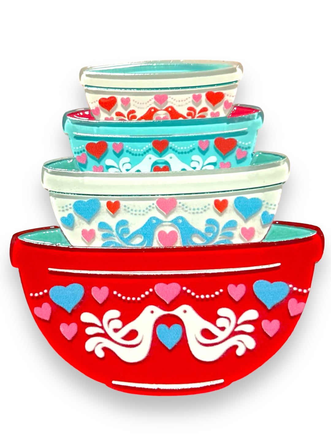 valentine's pyrex stacking bowls brooch