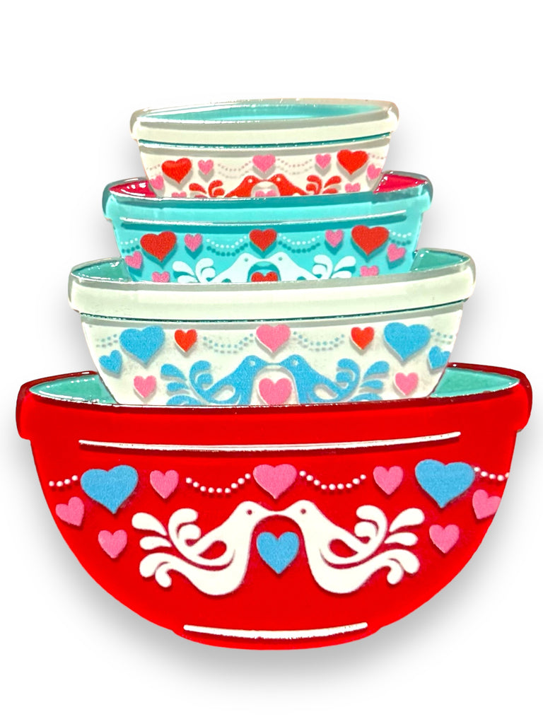 valentine's pyrex stacking bowls brooch