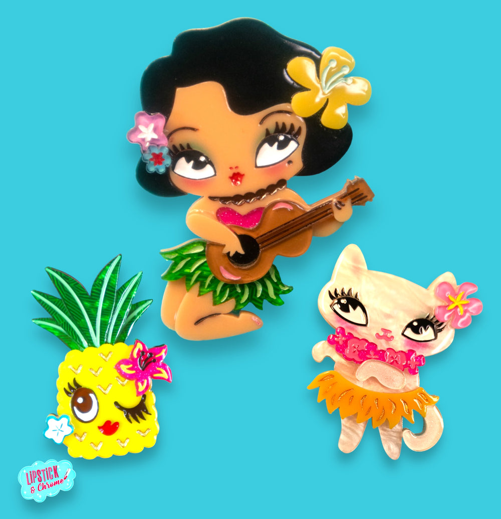 Miss Fluff Tiki Bundle — Hula Lula, Tiki Hula Kitty, and Pucker Up Pineapple acrylic brooches by Lipstick & Chrome