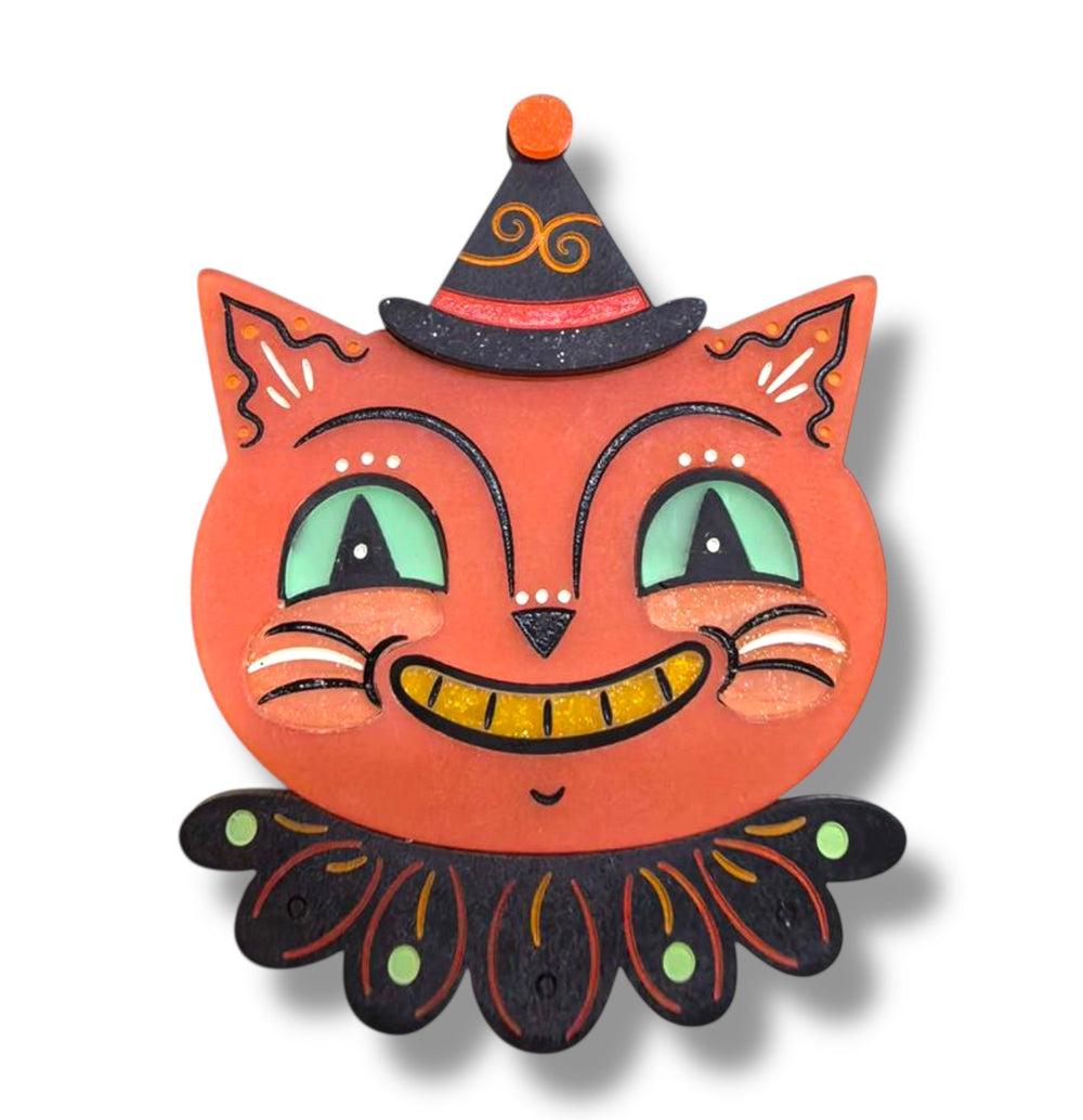 Spunky Copper Cat Halloween brooch by Johanna Parker x Lipstick & Chrome — party hat and ruffled collar