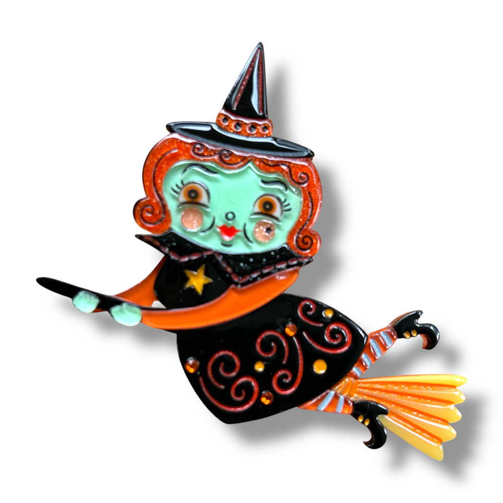 Broomhilda witch brooch by Johanna Parker x Lipstick & Chrome — 3" x 3", 20 acrylic pieces