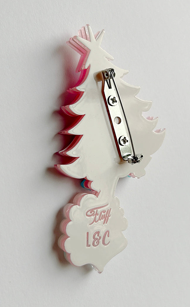 Back photo of the Pinkmas Glam Brooch by Miss Fluff and Lipstick and Chrome featuring a locking clasp. Holiday pink Christmas tree pin.