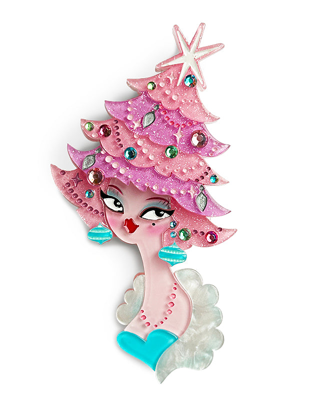 The Pinkmas Glam Brooch by Miss Fluff and Lipstick and Chrome. Holiday pink Christmas tree pin.