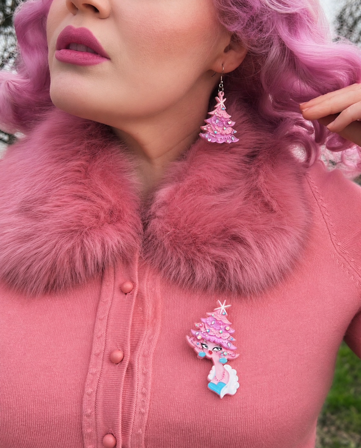 Pinkmas Glam Brooch by Miss Fluff x Lipstick & Chrome — Pink Christmas Tree Pin And earrings