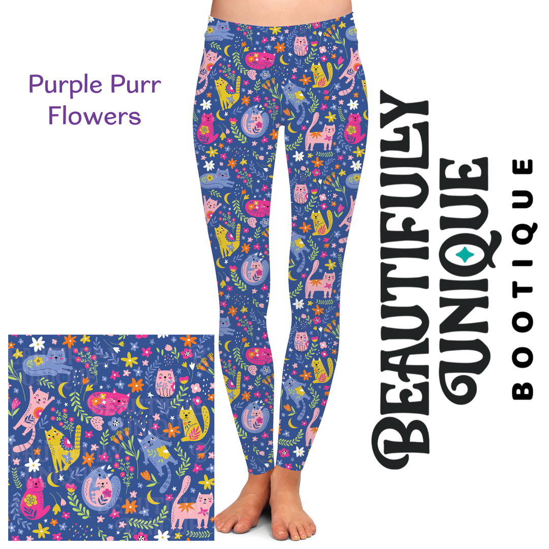 Purple Purr Flowers Leggings - High-quality Handcrafted Vibrant Cats Kitties Floral Spring Summer