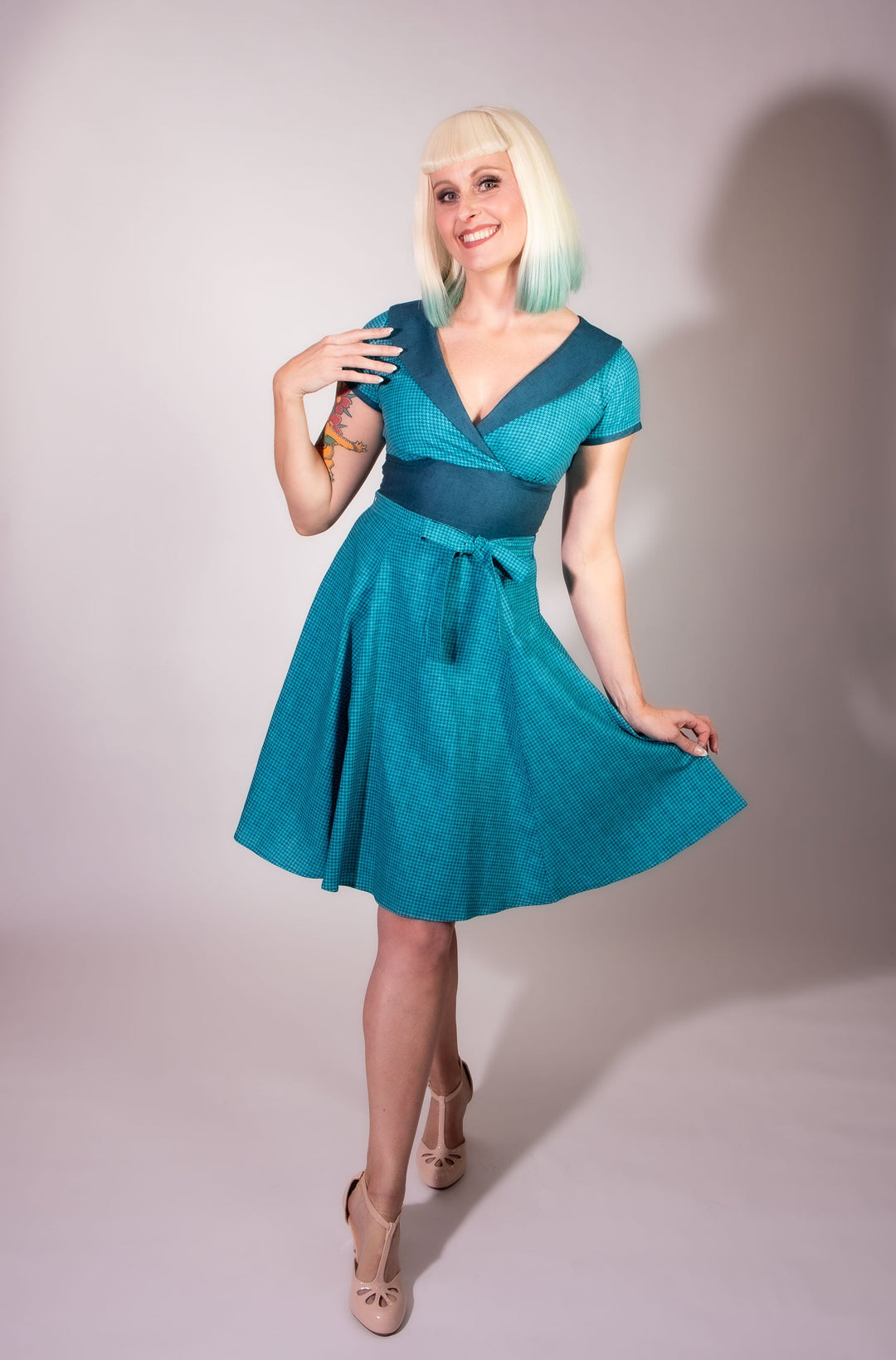 Darla Dress - Mini Houndstooth, Teal Blue
