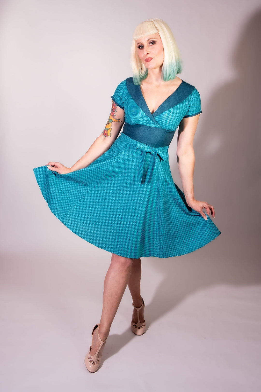 Darla Dress - Mini Houndstooth, Teal Blue