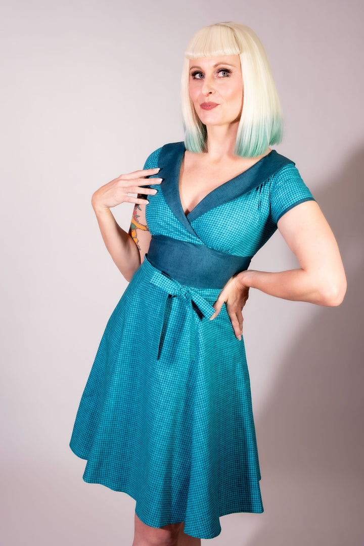 Darla Dress - Mini Houndstooth, Teal Blue