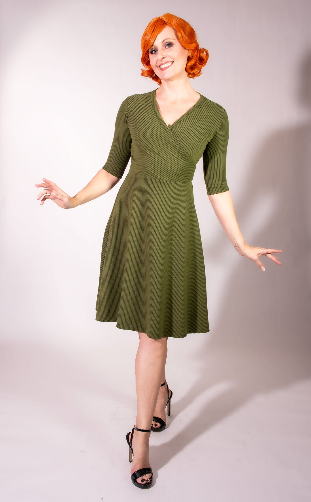 Joanie Knit Dress 3/4 Sleeve - Olive, Brushed Rib Knit