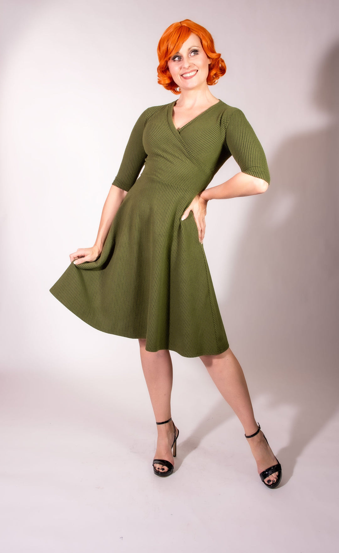 Joanie Knit Dress 3/4 Sleeve - Olive, Brushed Rib Knit