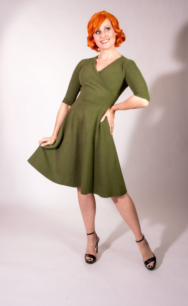 Joanie Knit Dress 3/4 Sleeve - Olive, Brushed Rib Knit
