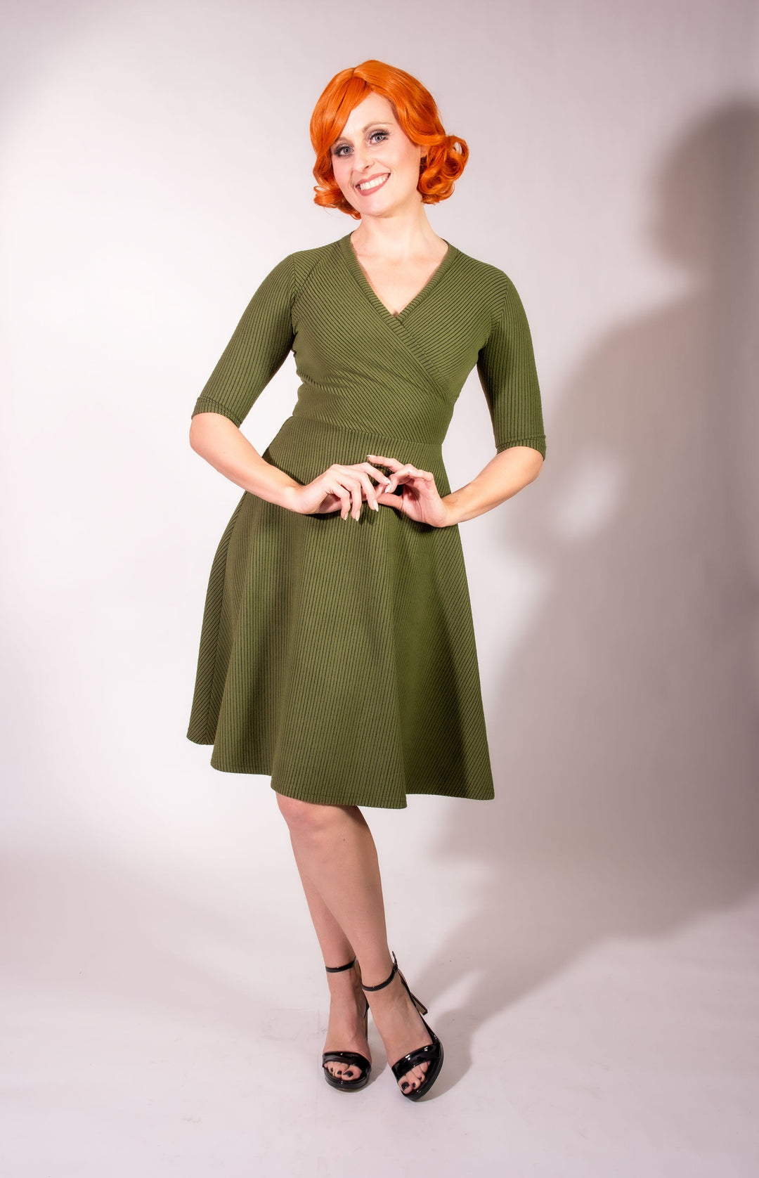 Joanie Knit Dress 3/4 Sleeve - Olive, Brushed Rib Knit