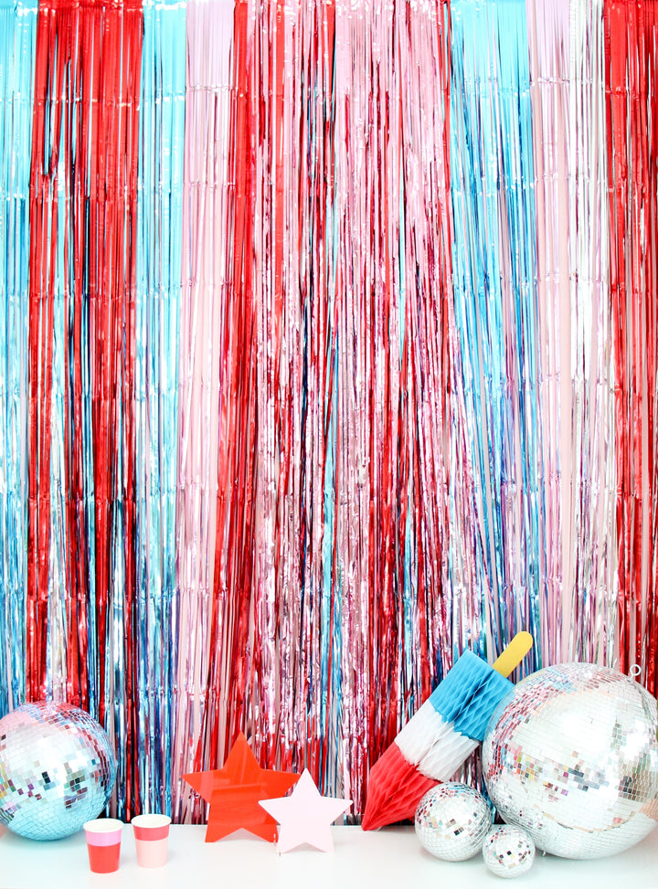 Red, White, and Blue Mylar Streamer Curtain backdrop