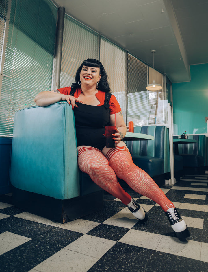 Sandra: Red Fishnet. No Regrets in These Red Nets. Petite to Plus Size Thigh Highs