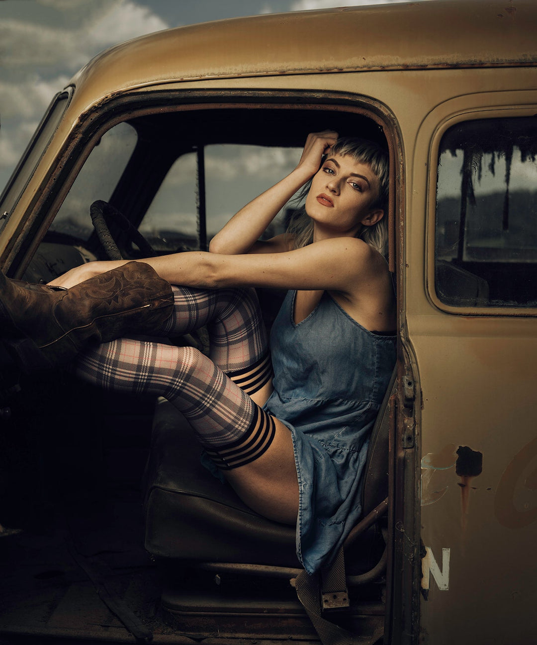 Lori: From Backroads to Boardrooms, Tan/Black Plaid Thigh Highs. Petite to Plus Size