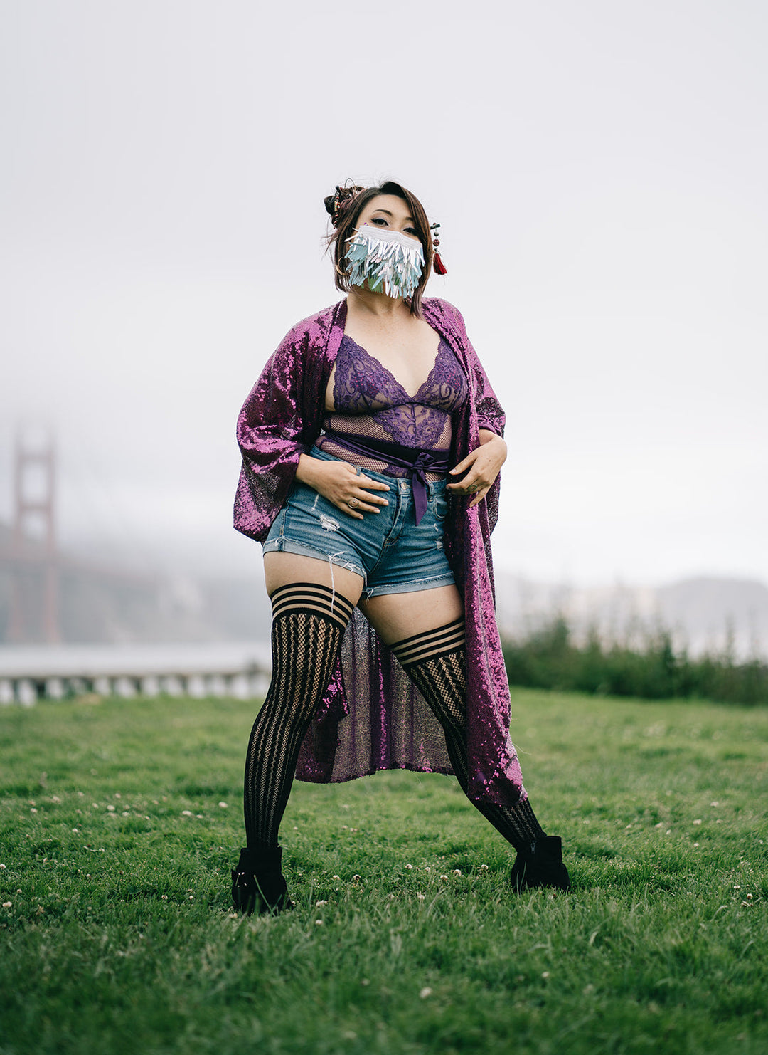 Lindsay: Foot Loose & Fancy Free, Footless Black Stripe Fishnet Thigh Highs. Petite to Plus Size