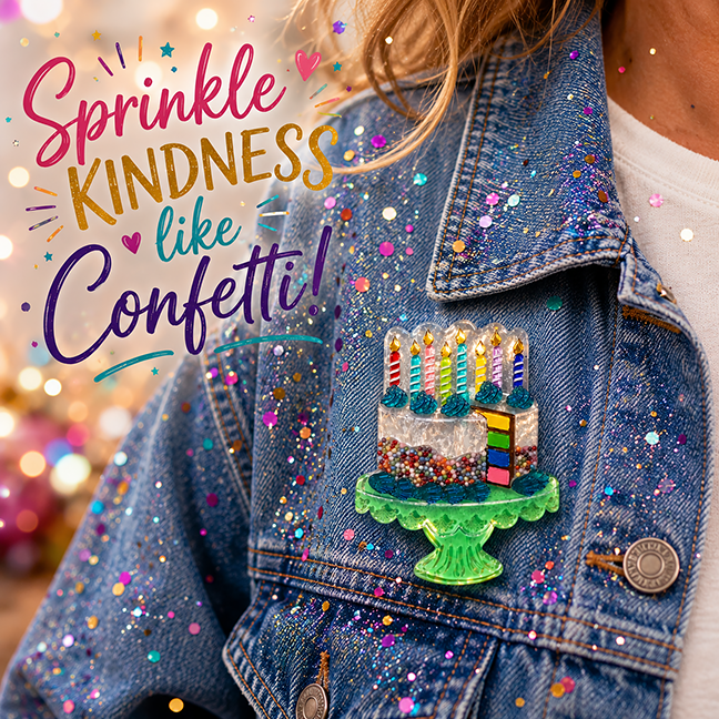 "Slice, Slice Baby" Birthday Cake Brooch by Lipstick & Chrome— Vintage Birthday Acrylic Pin