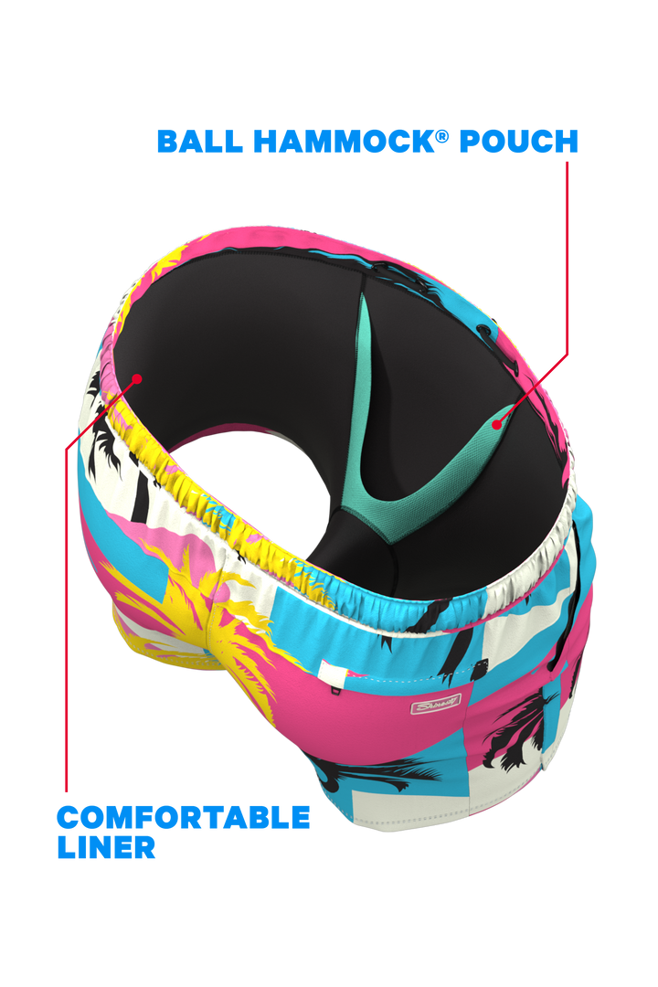 The SoCal Summer | Black and Pink Tropical Ball Hammock® Pouch 8" Swim Trunks