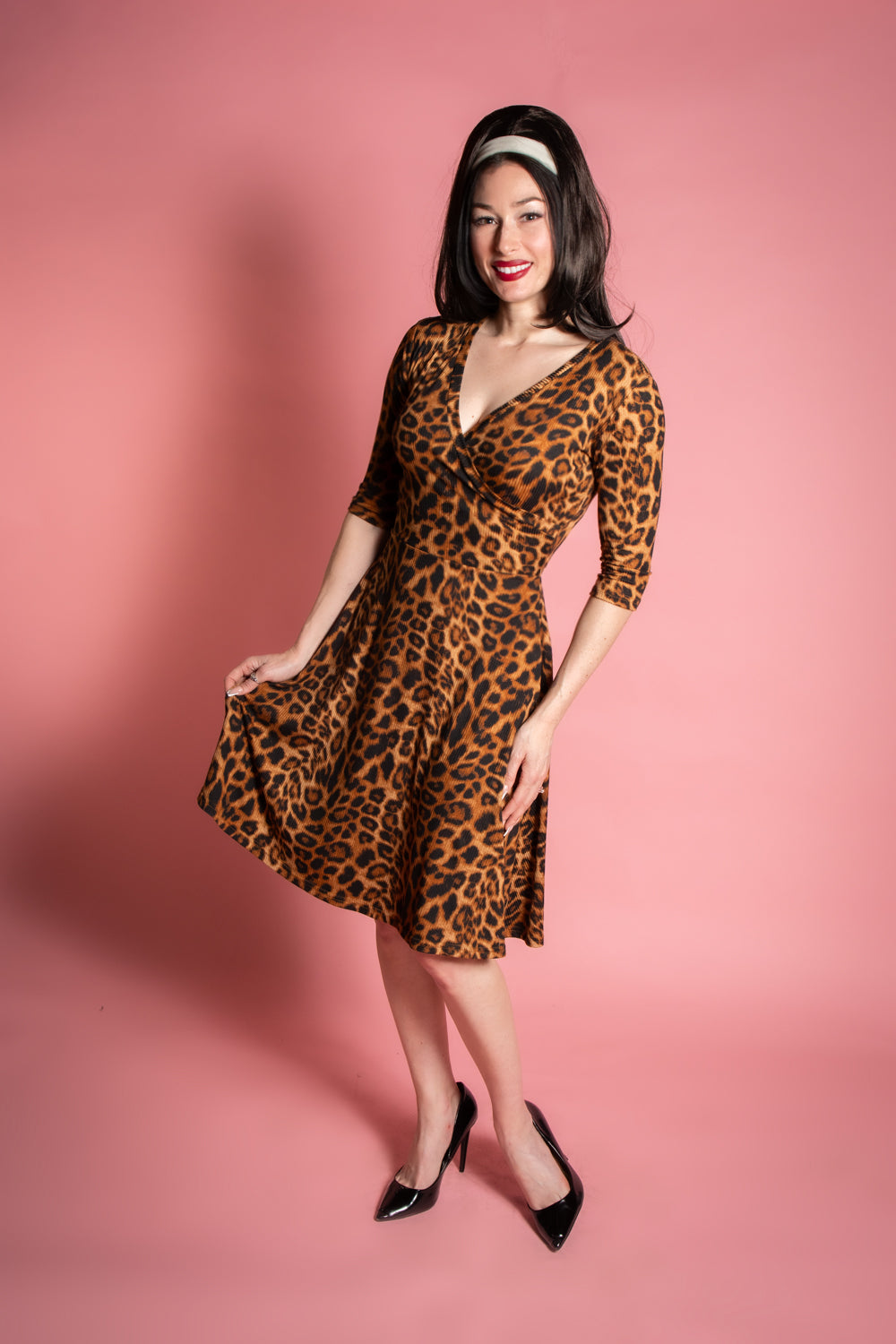 Joanie Knit Dress 3/4 Sleeve - Leopard Rib Knit