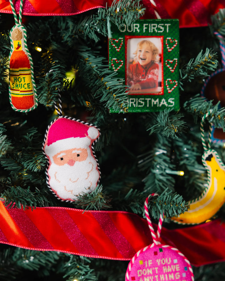 Needlepoint Icon Ornament - Pink Santa