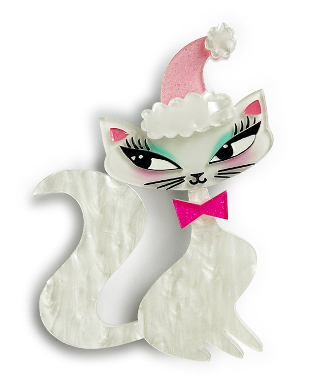 The Swanky Pinkmas Kitty Christmas Brooch by Miss Fluff and Lipstick and Chrome. Holiday Cat Pin.