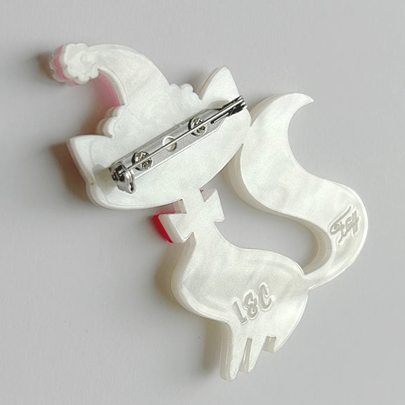 Back of the Swanky Pinkmas Kitty Christmas Brooch by Miss Fluff and Lipstick and Chrome. Holiday Cat Pin.