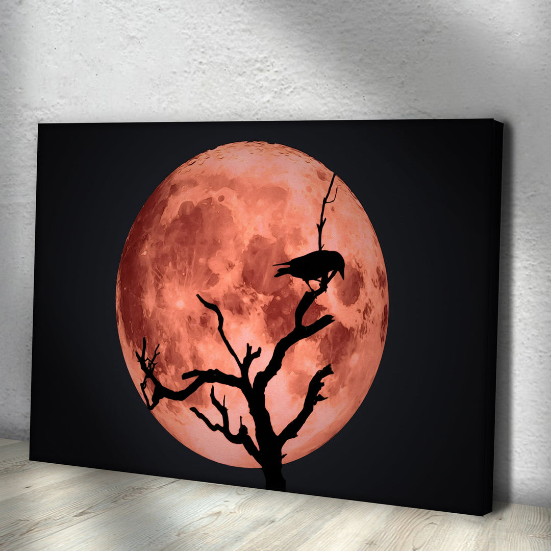 Crow And Blood Moon Canvas Wall Art