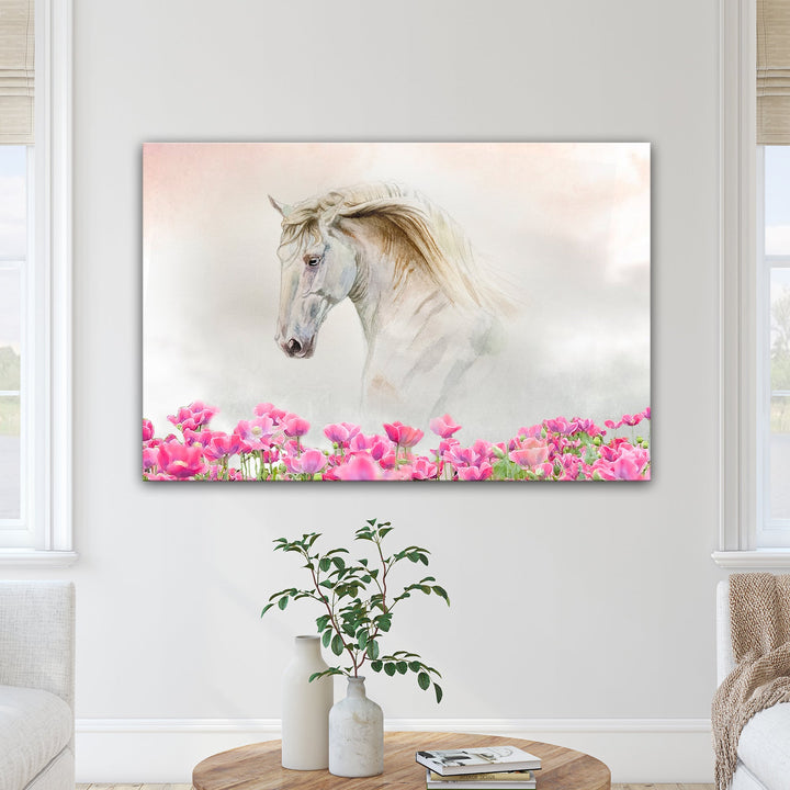 Floral White Horse Canvas Wall Art