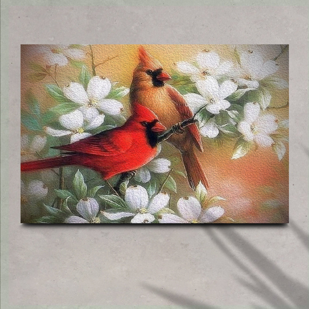 Cardinals on Dogwood Painting Canvas Wall Art
